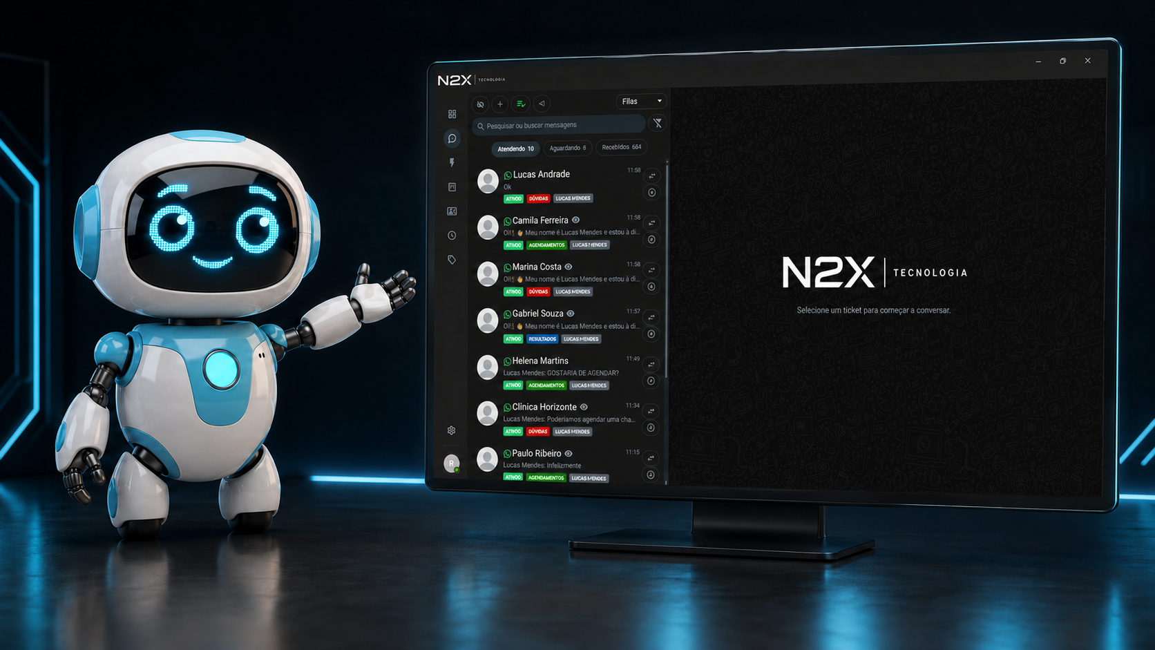 Interface do N2X Flow apresentada ao lado do assistente virtual da N2X